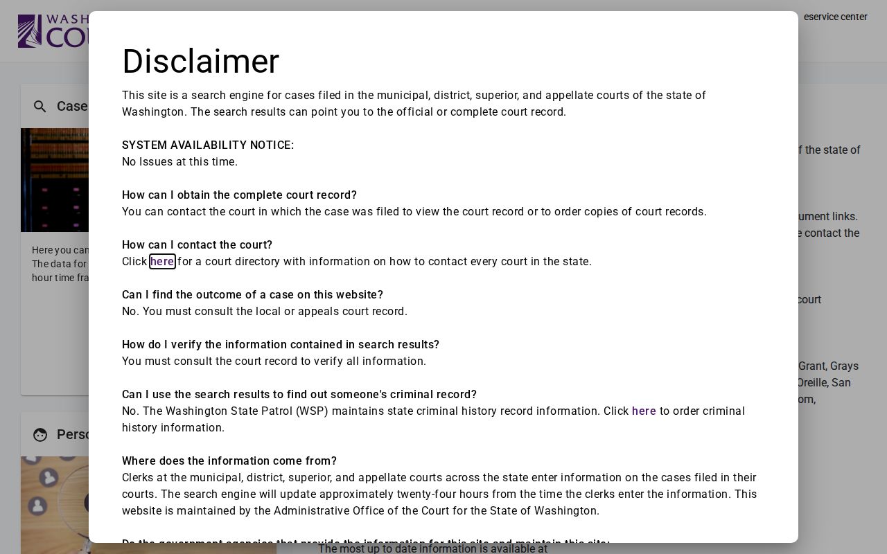 Washington Courts JIS page for a Mill Creek resident name search