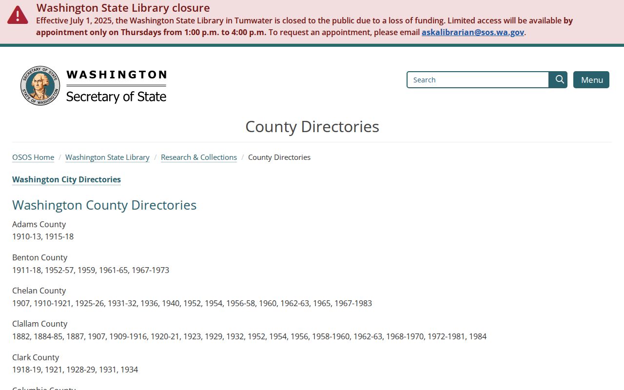 Washington State Library county directory holdings page for Snohomish County research