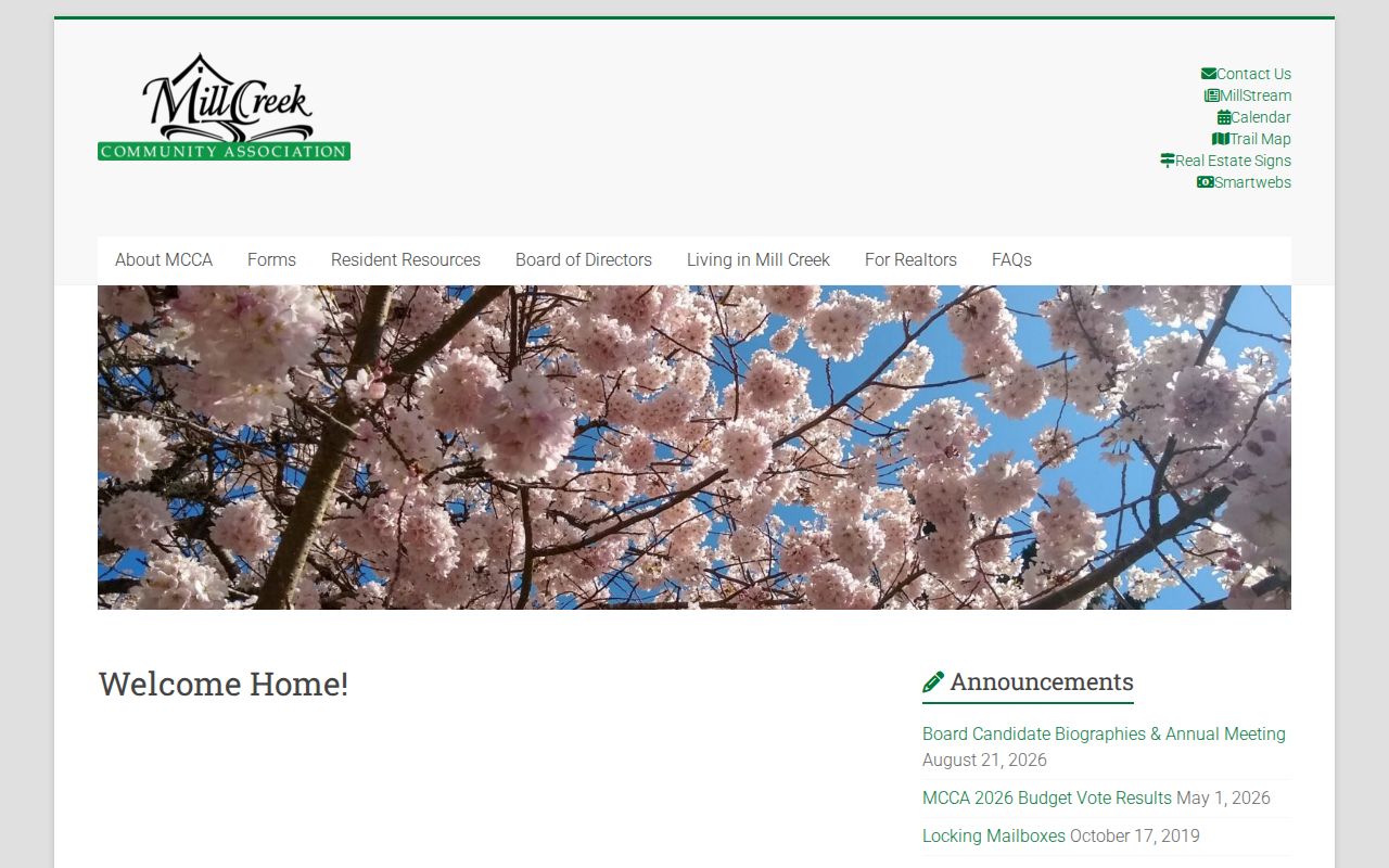 Mill Creek Community Association website with public governance and meeting information